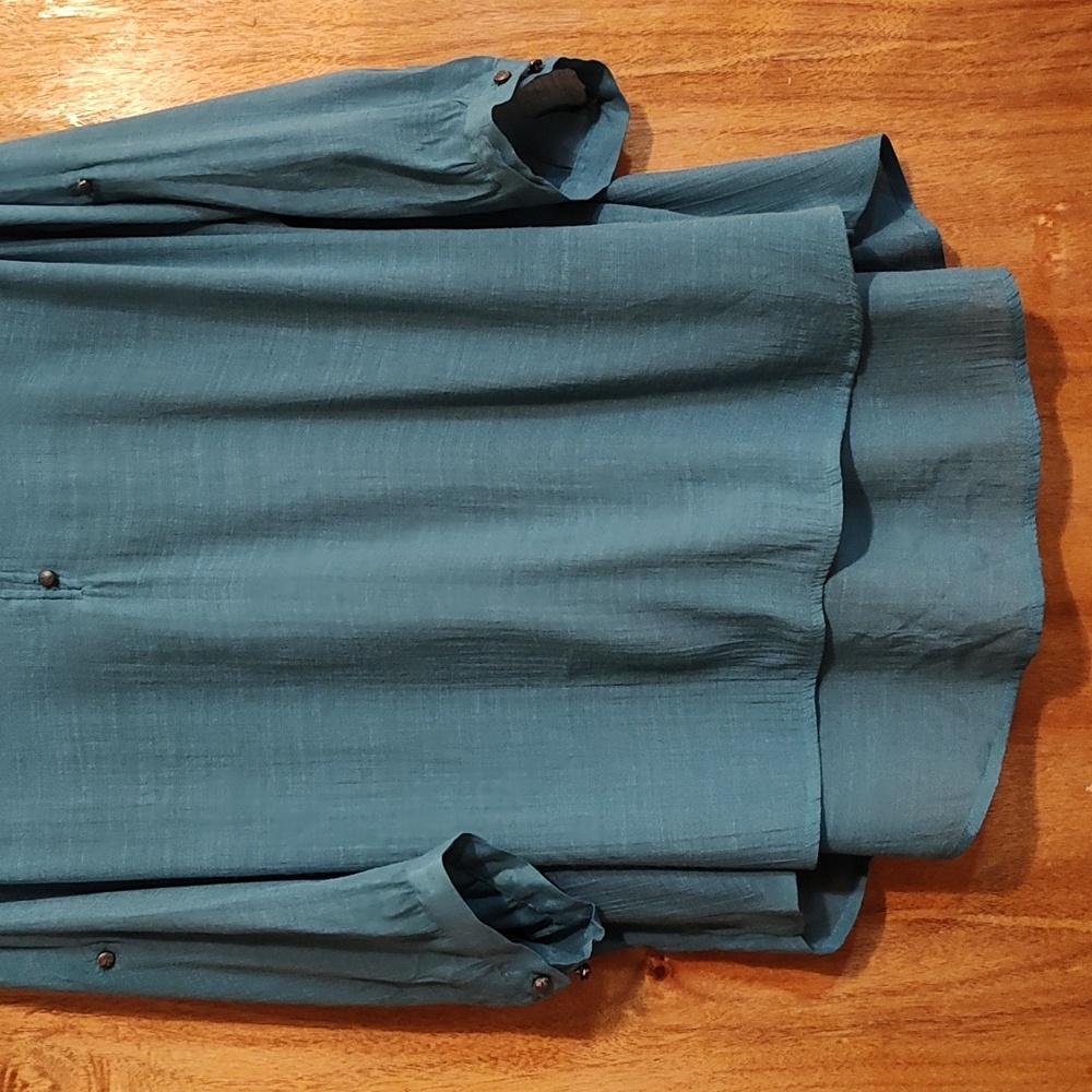 Bit & Bridle Womens Flowy Popover Blouse Teal Convertible ¾-Sleeves High-Low 3X - Picture 4 of 8